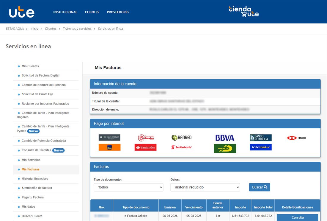 Sección Mis Facturas del autoservicio de UTE, con la opción resaltada en el menú lateral