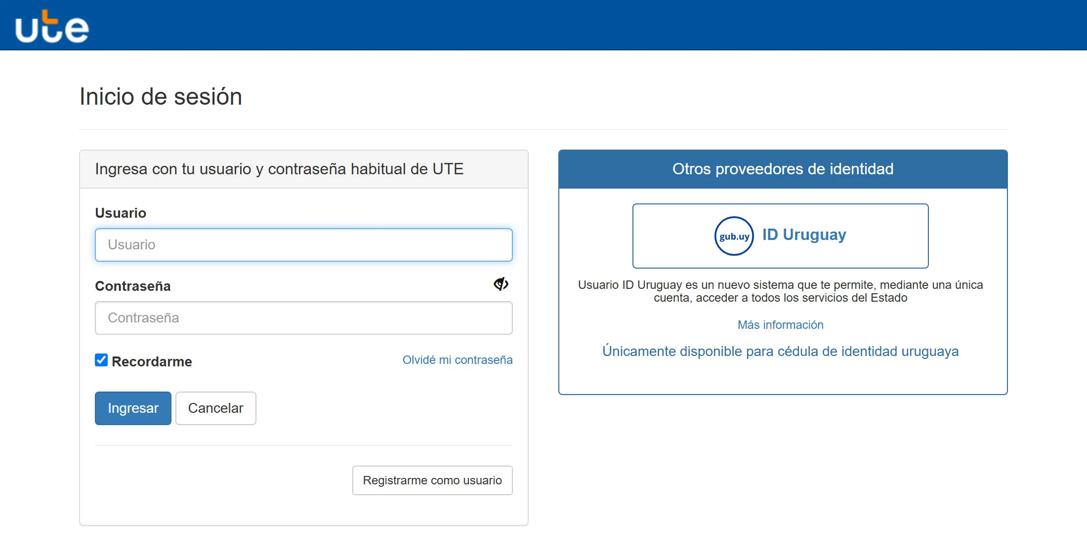 Pantalla de inicio de sesión de UTE, con los campos de usuario y contraseña marcados y, en punteado, «Registrarme como usuario» e «ID Uruguay»