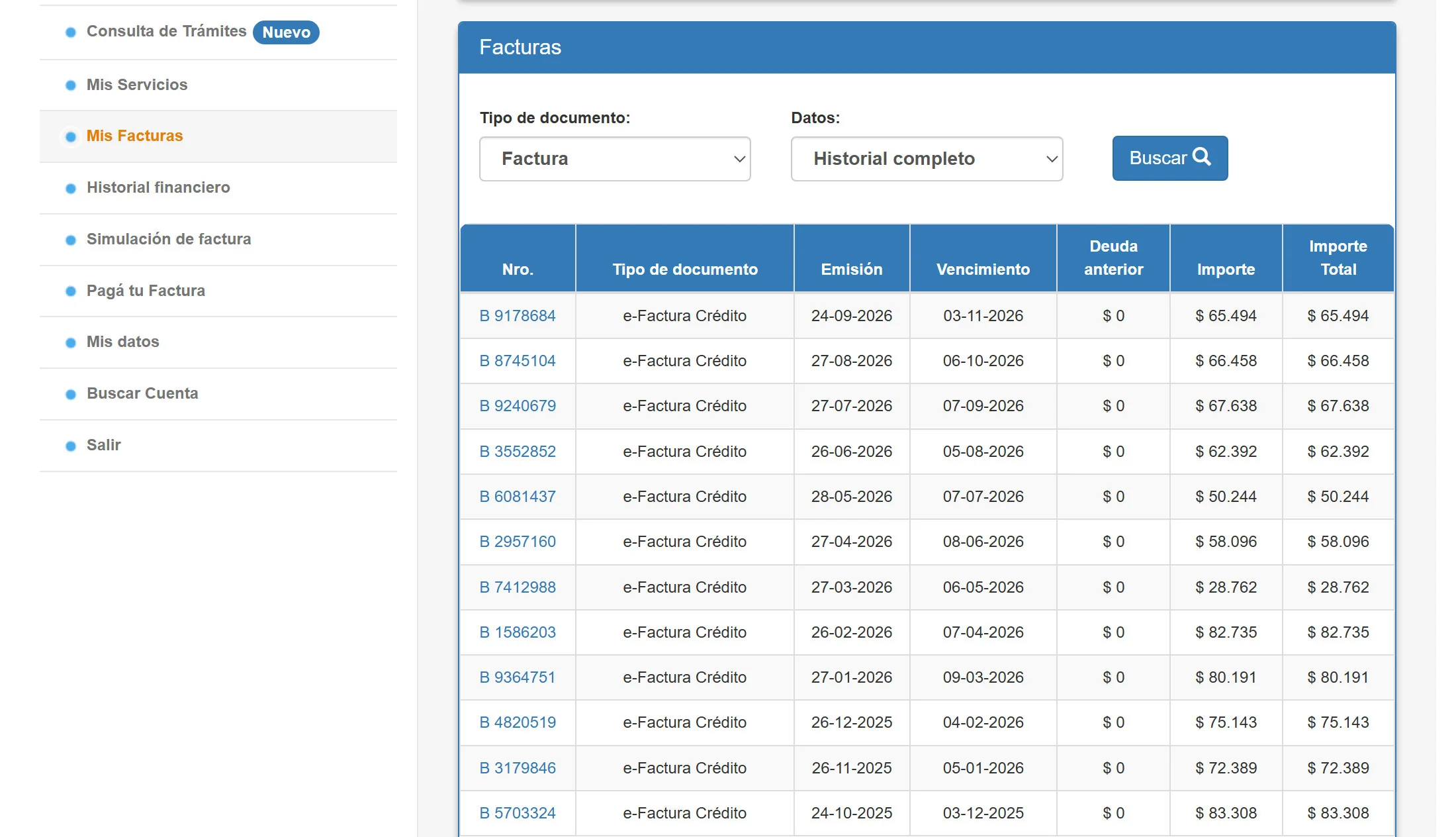 Lista de facturas del autoservicio de UTE filtrada por Factura e Historial completo, con los filtros, el botón Buscar y el número de la primera factura marcados